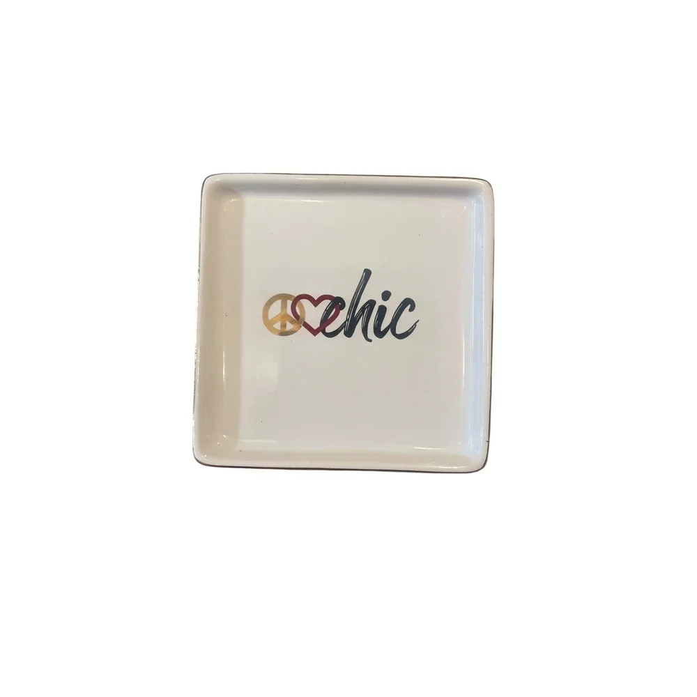 Chicos Ceramic Trinket Dish White Peace Love Chic Square Jewelry Tray Gold Rim